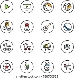 line vector icon set - play vector, presentation board, ball, volleyball, abc cube, pyramid toy, guitar, rocking horse, wheel, xylophone, soccer, phone, rabbit, Tic tac toe
