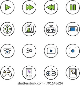 line vector icon set - play vector, fast forward, backward, pause, film coil, tv news, joystick wireless, game console, surveillance camera, playback, record button, gamepad