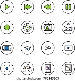 line vector icon set - play vector, fast forward, backward, pause, record, film coil, tv news, joystick wireless, game console, surveillance camera, playback, button