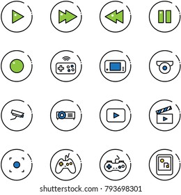 line vector icon set - play vector, fast forward, backward, pause, record, joystick wireless, game console, surveillance camera, projector, playback, movie flap, button, gamepad