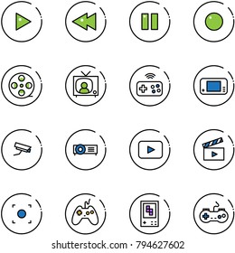 line vector icon set - play vector, fast backward, pause, record, film coil, tv news, joystick wireless, game console, surveillance camera, projector, playback, movie flap, button, gamepad