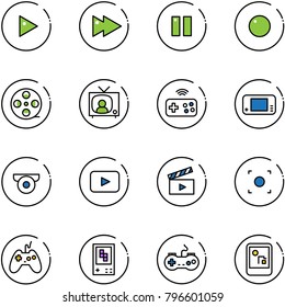 line vector icon set - play vector, fast forward, pause, record, film coil, tv news, joystick wireless, game console, surveillance camera, playback, movie flap, button, gamepad