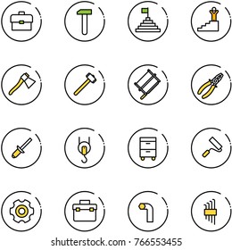 line vector icon set - portfolio vector, work, pyramid flag, success, axe, sledgehammer, bucksaw, pliers, clinch, winch, tool cabinet, paint roller, gear, box, allen key, set