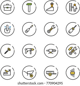 line vector icon set - portfolio vector, work, success, opportunity, casting of steel, chisel, wrench, screwdriver, screw, drill machine, pipe welding, hammer, stapler, wheelbarrow, trailer