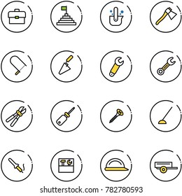 line vector icon set - portfolio vector, pyramid flag, casting of steel, axe, fretsaw, trowel, wrench, bolt cutter, screwdriver, screw, hoe, soldering iron, tool box, construction helmet, trailer