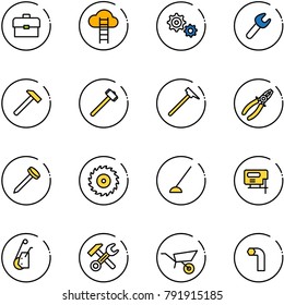 line vector icon set - portfolio vector, cloud ladder, gear, wrench, hammer, sledgehammer, mason, pliers, nail, saw disk, hoe, jig, winch, wheelbarrow, allen key