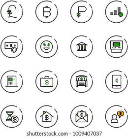 line vector icon set - pound vector, bitcoin, ruble, coin, cash, dollar smile, bank, atm, money case, chest, mobile payment, account history, home, mail, dialog