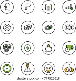 line vector icon set - pound vector, ruble, coin, dollar exchange, euro, big cash, safe, piggy bank, wallet time, money smile, growth