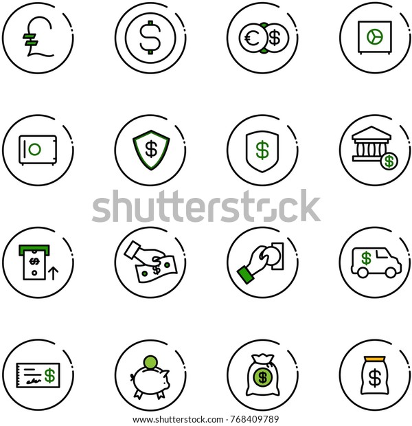 line vector icon set - pound vector, dollar coin,\
euro, safe, account, atm, cash pay, encashment car, check, piggy\
bank, money bag