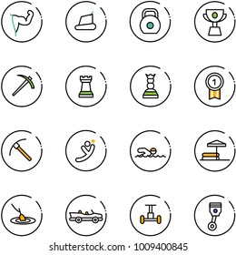 line vector icon set - power hand vector, treadmill, weight, cup, job, chess tower, queen, gold medal, rock axe, flying man, swimming, inflatable pool, fishing, cabrio, gyroscope, piston
