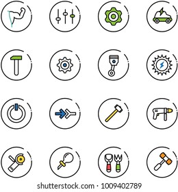 line vector icon set - power hand vector, settings, gear, electric car, work, piston, sun, standby button, connect, sledgehammer, drill machine, Angular grinder, oiler, shovel fork toy, hammer
