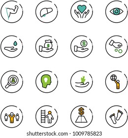 line vector icon set - power hand vector, liver, heart care, eye, drop, investment, head hunter, bulb, sproute, world, team leader, opportunity, dollar, feet