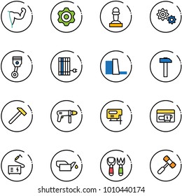 line vector icon set - power hand vector, gear, pawn, piston, sun panel, water plant, hammer, drill machine, jig saw, generator, welding, oiler, shovel fork toy