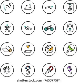 line vector icon set - power hand vector, treadmill, push ups, pull, gymnastics, abdominal muscles, bike, weight, mat, volleyball, beanbag