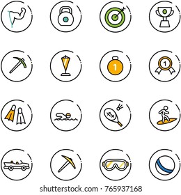 line vector icon set - power hand vector, weight, target, cup, job, pennant, gold medal, flippers, swimming, badminton, surfing, cabrio, axe, protective glasses, ball