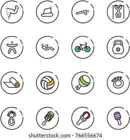 line vector icon set - power hand vector, treadmill, push ups, pull, gymnastics, abdominal muscles, bike, weight, mat, volleyball, beanbag