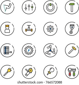line vector icon set - power hand vector, settings, standby, work, king, gyroscope, gear, piston, sun panel, wind mill, hammer, wood drill, Angular grinder, oiler, shovel fork toy