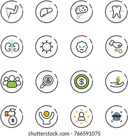 line vector icon set - power hand vector, liver, brain, tooth, kidneys, virus, investment, group, head hunter, dollar, sproute, rich, success, star man, fingerprint scanner