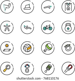 line vector icon set - power hand vector, treadmill, push ups, pull, gymnastics, abdominal muscles, bike, weight, mat, volleyball, beanbag