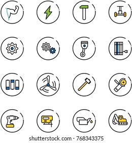 line vector icon set - power hand vector, lightning, work, gyroscope, gear, piston, sun panel, battery, wind mill, sledgehammer, Angular grinder, drill, jig saw, oiler, excavator toy