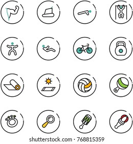 line vector icon set - power hand vector, treadmill, push ups, pull, gymnastics, abdominal muscles, bike, weight, mat, volleyball, beanbag