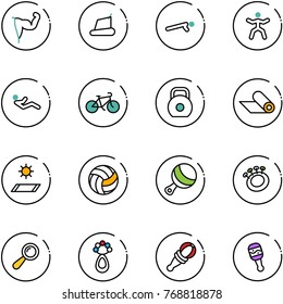 line vector icon set - power hand vector, treadmill, push ups, gymnastics, abdominal muscles, bike, weight, mat, volleyball, beanbag