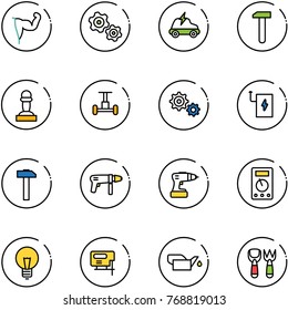 line vector icon set - power hand vector, gears, electric car, work, pawn, gyroscope, gear, bank, hammer, drill machine, multimeter, bulb, jig saw, oiler, shovel fork toy