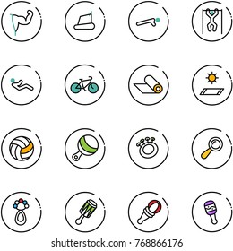 line vector icon set - power hand vector, treadmill, push ups, pull, abdominal muscles, bike, mat, volleyball, beanbag