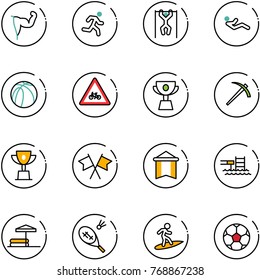 line vector icon set - power hand vector, run, pull ups, abdominal muscles, basketball ball, road for moto sign, cup, job, win, flags cross, pennant, pool, inflatable, badminton, surfing, soccer