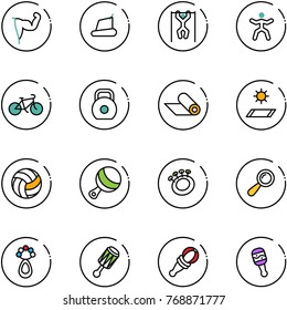 line vector icon set - power hand vector, treadmill, pull ups, gymnastics, bike, weight, mat, volleyball, beanbag