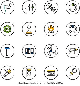 line vector icon set - power hand vector, settings, gears, standby, gear, pawn, fire, button, hammer, battery, wind mill, drill machine, Angular grinder, multimeter, generator, oiler