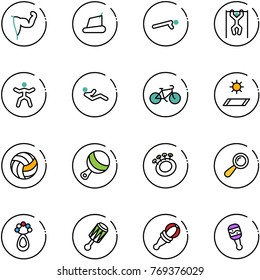 line vector icon set - power hand vector, treadmill, push ups, pull, gymnastics, abdominal muscles, bike, mat, volleyball, beanbag