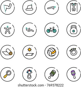 line vector icon set - power hand vector, treadmill, push ups, pull, gymnastics, abdominal muscles, bike, weight, mat, volleyball, beanbag