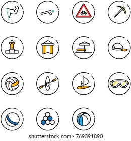 line vector icon set - power hand vector, push ups, road for moto sign, job, winner, pennant, inflatable pool, cap, volleyball, kayak, windsurfing, protective glasses, ball, billiards balls