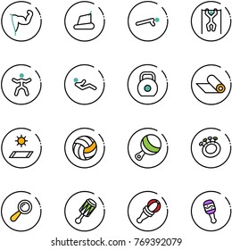 line vector icon set - power hand vector, treadmill, push ups, pull, gymnastics, abdominal muscles, weight, mat, volleyball, beanbag