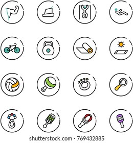 line vector icon set - power hand vector, treadmill, pull ups, abdominal muscles, bike, weight, mat, volleyball, beanbag