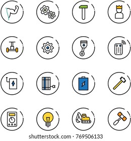 line vector icon set - power hand vector, gears, work, king, gyroscope, gear, piston, remote control, bank, sun panel, battery, sledgehammer, multimeter, bulb, excavator toy, hammer