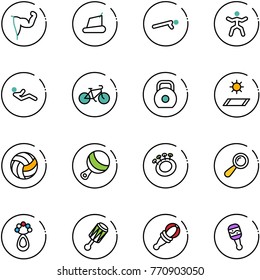 line vector icon set - power hand vector, treadmill, push ups, gymnastics, abdominal muscles, bike, weight, mat, volleyball, beanbag