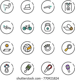 line vector icon set - power hand vector, treadmill, push ups, pull, abdominal muscles, bike, weight, mat, volleyball, beanbag
