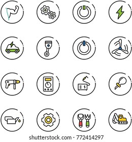 line vector icon set - power hand vector, gears, standby, lightning, electric car, piston, button, wind mill, drill machine, multimeter, welding, oiler, gear, shovel fork toy, excavator
