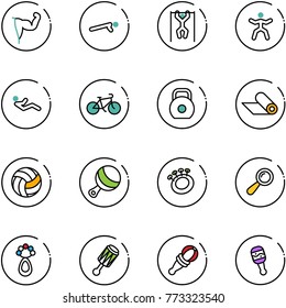 line vector icon set - power hand vector, push ups, pull, gymnastics, abdominal muscles, bike, weight, mat, volleyball, beanbag