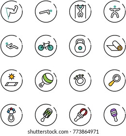 line vector icon set - power hand vector, push ups, pull, gymnastics, abdominal muscles, bike, weight, mat, beanbag