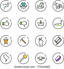 line vector icon set - power hand vector, heart care, investment, cash pay, like, dislike, basket, growth, success, rock axe, victory, bucksaw, fretsaw, rubber hammer, pipe welding, tambourine