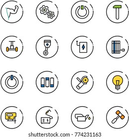 line vector icon set - power hand vector, gears, standby, work, gyroscope, piston, bank, sun panel, button, battery, Angular grinder, bulb, jig saw, welding, oiler, toy hammer