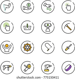 line vector icon set - power hand vector, investment, touch, cursor, basket, cup, rock axe, success, wheel, fretsaw, clinch, drill machine, Angular grinder, tambourine