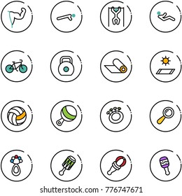 line vector icon set - power hand vector, push ups, pull, abdominal muscles, bike, weight, mat, volleyball, beanbag