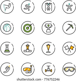 line vector icon set - power hand vector, run, pull ups, gymnastics, basketball ball, target, cup, job, chess queen, winner, pennant, flags cross, flying man, diving, gyroscope, protective glasses