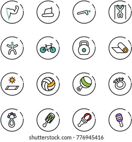 line vector icon set - power hand vector, treadmill, push ups, pull, gymnastics, bike, weight, mat, volleyball, beanbag