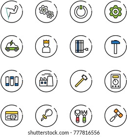 line vector icon set - power hand vector, gears, standby, gear, electric car, king, sun panel, hammer, battery, plant, sledgehammer, multimeter, generator, oiler, shovel fork toy