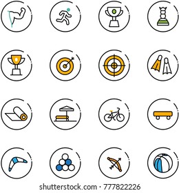 line vector icon set - power hand vector, run, cup, chess queen, win, target, flippers, mat, inflatable pool, bike, skateboard, boomerang, billiards balls, bow, basketball